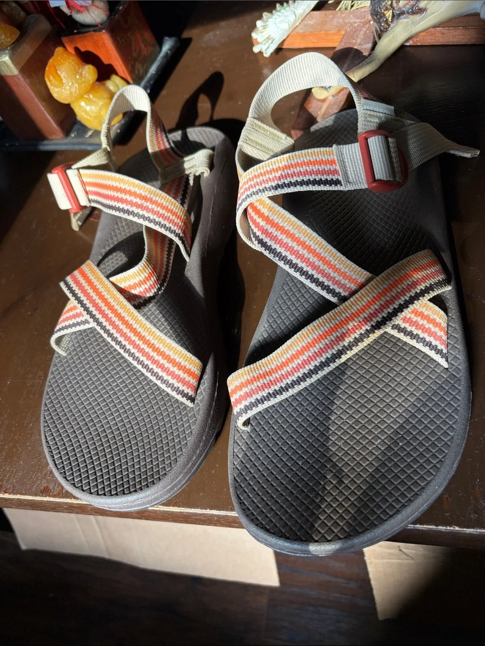 New Chaco Striped Strap Outdoor Sandals - Gray Base with Orange & Red Accents 12